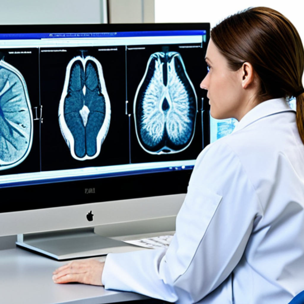 A professional female clinical pathologist, fully clothed in a modest laboratory coat over professional attire, is focused on a large, high-resolution monitor in a state-of-the-art clinical pathology laboratory. The screen displays a digital histopathological slide with overlaid AI analysis patterns, indicating enhanced precision. Her hands are resting on a modern desk. The background shows advanced lab equipment. Professional photography, high detail, realistic, vibrant colors, perfect anatomy, correct proportions, natural pose, well-formed hands, proper finger count, natural body proportions, safe for work, appropriate content, family-friendly.