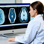 A professional female clinical pathologist, fully clothed in a modest laboratory coat over professional attire, is focused on a large, high-resolution monitor in a state-of-the-art clinical pathology laboratory. The screen displays a digital histopathological slide with overlaid AI analysis patterns, indicating enhanced precision. Her hands are resting on a modern desk. The background shows advanced lab equipment. Professional photography, high detail, realistic, vibrant colors, perfect anatomy, correct proportions, natural pose, well-formed hands, proper finger count, natural body proportions, safe for work, appropriate content, family-friendly.