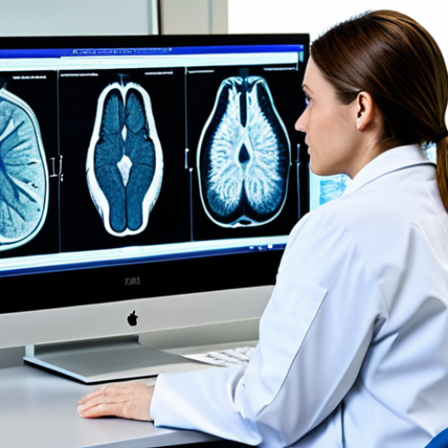 A professional female clinical pathologist, fully clothed in a modest laboratory coat over professional attire, is focused on a large, high-resolution monitor in a state-of-the-art clinical pathology laboratory. The screen displays a digital histopathological slide with overlaid AI analysis patterns, indicating enhanced precision. Her hands are resting on a modern desk. The background shows advanced lab equipment. Professional photography, high detail, realistic, vibrant colors, perfect anatomy, correct proportions, natural pose, well-formed hands, proper finger count, natural body proportions, safe for work, appropriate content, family-friendly.