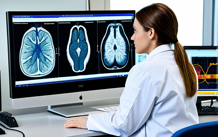 A professional female clinical pathologist, fully clothed in a modest laboratory coat over professional attire, is focused on a large, high-resolution monitor in a state-of-the-art clinical pathology laboratory. The screen displays a digital histopathological slide with overlaid AI analysis patterns, indicating enhanced precision. Her hands are resting on a modern desk. The background shows advanced lab equipment. Professional photography, high detail, realistic, vibrant colors, perfect anatomy, correct proportions, natural pose, well-formed hands, proper finger count, natural body proportions, safe for work, appropriate content, family-friendly.