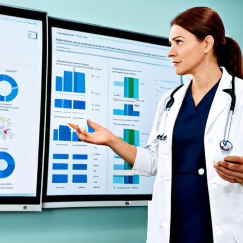 A compassionate female laboratory professional in a modest, clean lab coat over professional attire, calmly explaining medical results to an attentive male patient in a modern, brightly lit consultation room. She is gesturing gently towards a clear, infographic-style summary on a large monitor. The patient is listening intently, showing understanding. The scene highlights human connection and empathy in healthcare. Perfect anatomy, correct proportions, natural pose, well-formed hands, proper finger count, natural body proportions, fully clothed, appropriate attire, professional dress, safe for work, appropriate content, family-friendly.