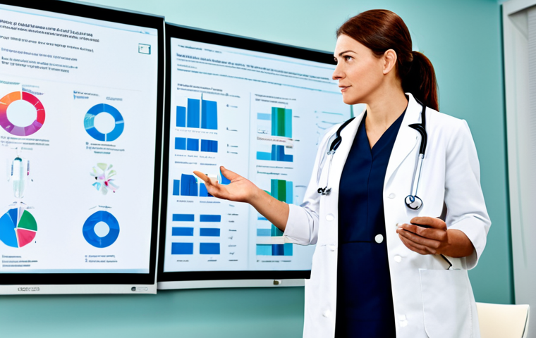 A compassionate female laboratory professional in a modest, clean lab coat over professional attire, calmly explaining medical results to an attentive male patient in a modern, brightly lit consultation room. She is gesturing gently towards a clear, infographic-style summary on a large monitor. The patient is listening intently, showing understanding. The scene highlights human connection and empathy in healthcare. Perfect anatomy, correct proportions, natural pose, well-formed hands, proper finger count, natural body proportions, fully clothed, appropriate attire, professional dress, safe for work, appropriate content, family-friendly.