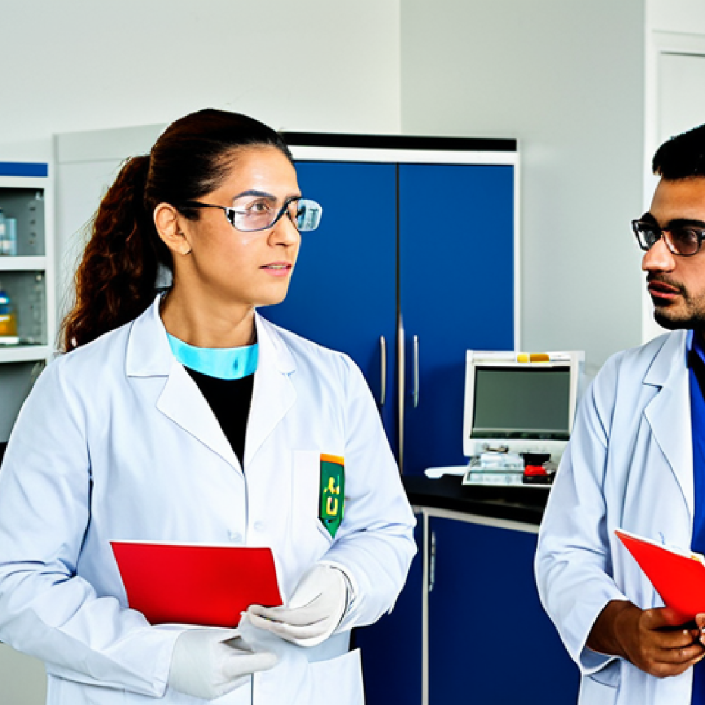 Risk Communication**
"A diverse team of clinical lab technicians in a modern Brazilian laboratory, fully clothed in appropriate lab coats and safety glasses, attending a safety briefing. The environment includes clear hazard signage in Portuguese using GHS pictograms. Safe for work, appropriate content, professional, perfect anatomy, natural proportions, high quality, family-friendly. Focus on clear communication of safety protocols."
**
