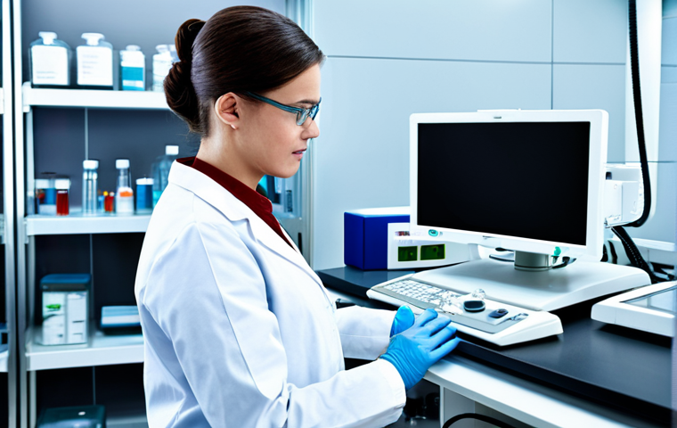 임상병리사 채용 공고 분석 - **A skilled lab technician, fully clothed, operating automated equipment in a modern clinical analys...