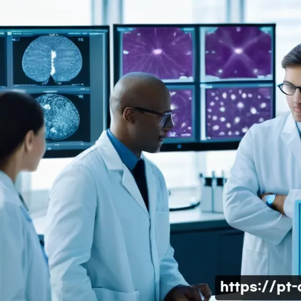 임상병리사와 병리 슬라이드 분석 - **Prompt:** A group of diverse pathologists and medical professionals, all wearing clean, profession...
