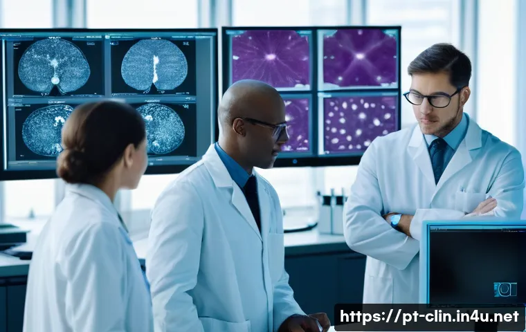 임상병리사와 병리 슬라이드 분석 - **Prompt:** A group of diverse pathologists and medical professionals, all wearing clean, profession...