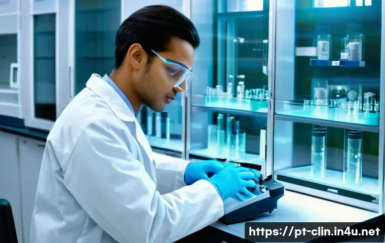 임상병리사 진로 멘토링 - A modern clinical laboratory scene showing a young Brazilian lab technician wearing a white lab coat...