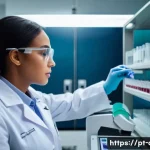 임상병리사 병원 근무 VS 연구소 근무 - A biomedical professional in a busy Brazilian hospital laboratory, wearing a white lab coat and prot...