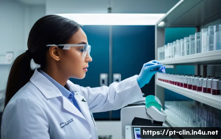 임상병리사 병원 근무 VS 연구소 근무 - A biomedical professional in a busy Brazilian hospital laboratory, wearing a white lab coat and prot...