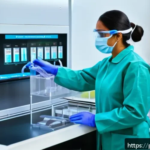 임상병리사 면접 예상 질문 - A professional biomedical laboratory technician wearing appropriate protective lab attire including ...