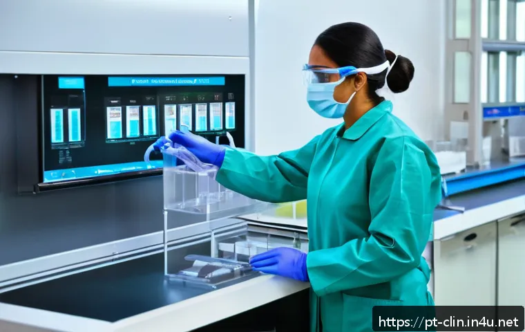 임상병리사 면접 예상 질문 - A professional biomedical laboratory technician wearing appropriate protective lab attire including ...