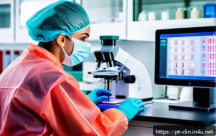 임상병리사 실제 업무 사례 - A clinical laboratory technician in a modern medical lab wearing professional protective clothing an...
