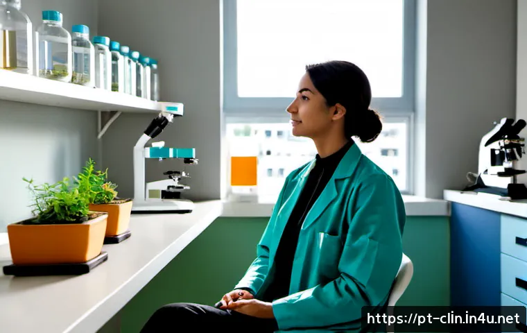 Home 17 임상병리사 직무 스트레스 관리법 - Photorealistic clinical laboratory scientist in a clean modern Portuguese hospital laboratory, takin...