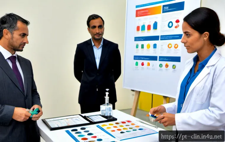 임상병리사와 학회 활동 - Photorealistic clinical laboratory scientist presenting a research poster at a modern healthcare con...