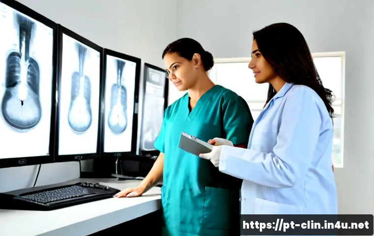 Home 15 임상병리사와 방사선사 협업 - Photorealistic Brazilian hospital diagnostic department, a clinical laboratory technologist in a cle...
